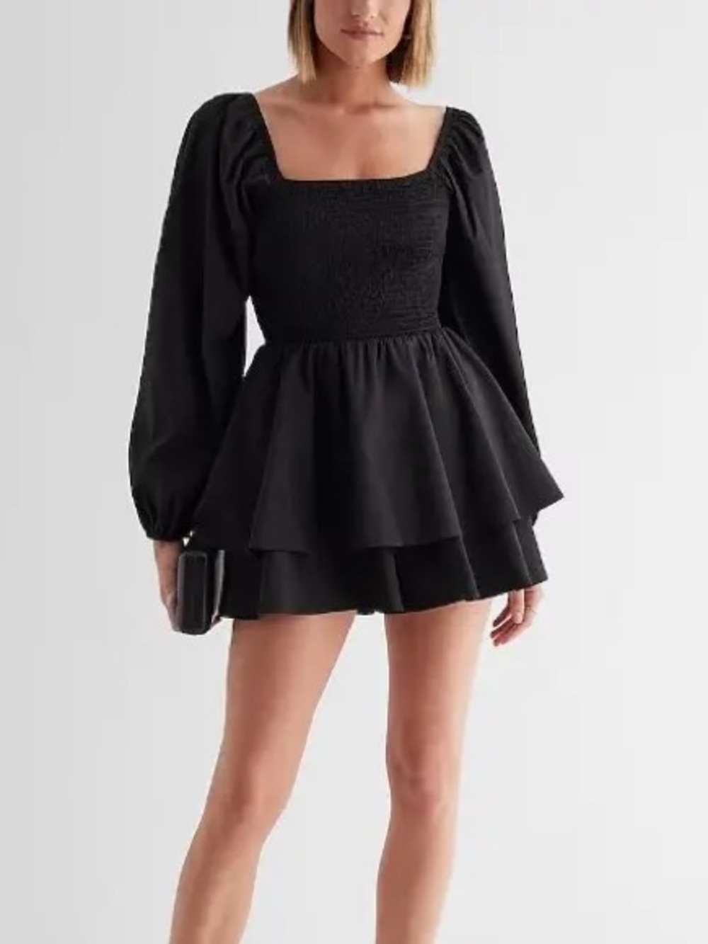 NWT Express Square Neck Long Sleeve Smocked Poplin Romper in black. Size Medium